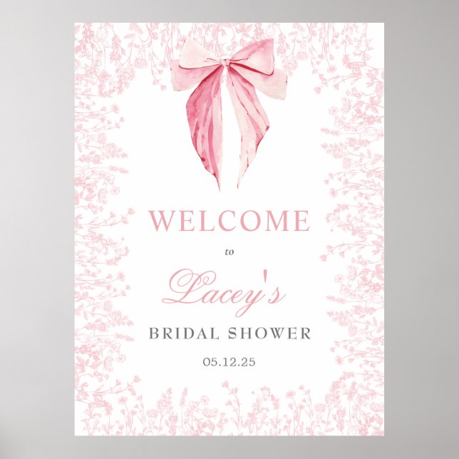 rosa baby shower-inbjudan med rosett poster (Framsidan)