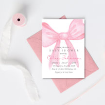 Rosa baby shower-inbjudan med rosett – redigerbar