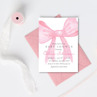 Rosa baby shower-inbjudan med rosett – redigerbar