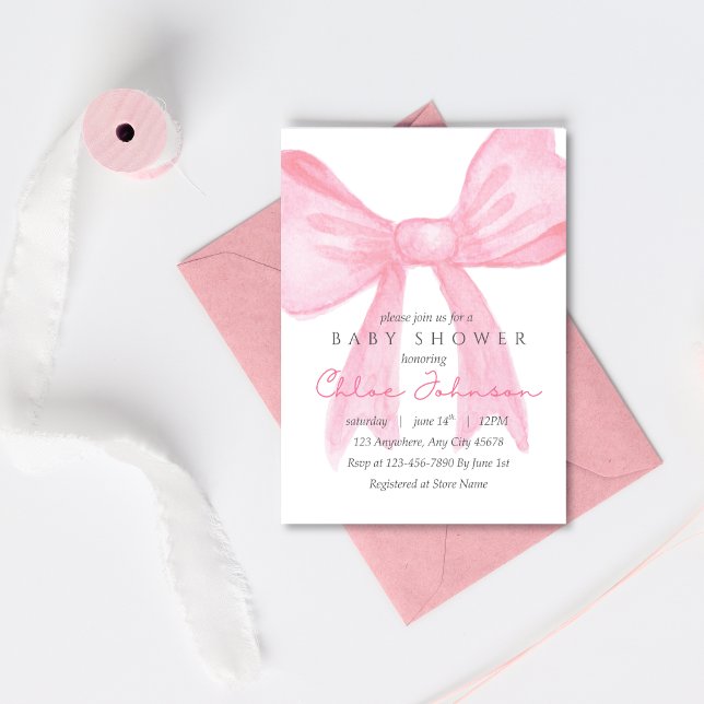 Rosa baby shower-inbjudan med rosett – redigerbar  (Skapare uppladdad)