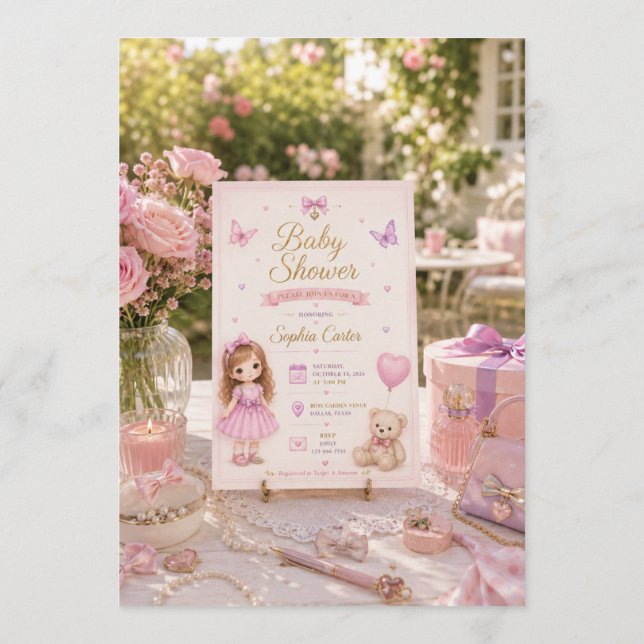 Rosa baby shower-inbjudan med söt flicka spara datumet (Baksida)