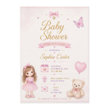 Rosa baby shower-inbjudan med söt flicka