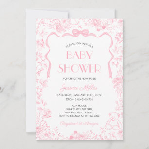 Rosa baby shower-inbjudan med Toile De Jouy för fl Inbjudningar