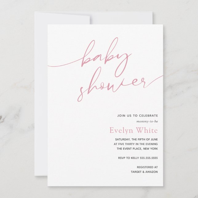 Rosa Baby Shower Modern Calligraphy Inbjudningar (Framsida)