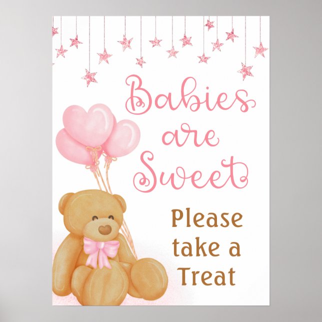 Rosa Baby Shower Nalle Dessert Bord-tecken Poster (Framsidan)