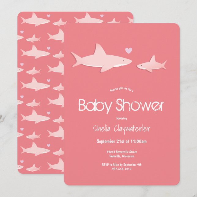 Rosa Baby Shower Shark Animal Inbjudningar (Fram/baksida)