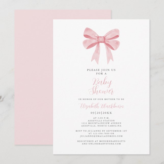 Rosa Baby Shower-slöja Kokett Tjejaktig Elegant Pa Inbjudningar (Fram/baksida)
