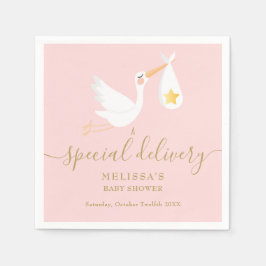 Rosa Baby Shower Speciell Delivery Stork Guld Star Pappersservett
