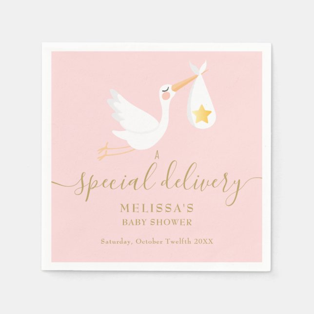 Rosa Baby Shower Speciell Delivery Stork Guld Star Pappersservett (Framsidan)
