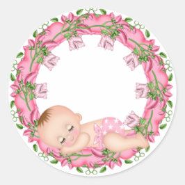 Rosa Baby Shower Sticker med Baby blommigt Runt Klistermärke
