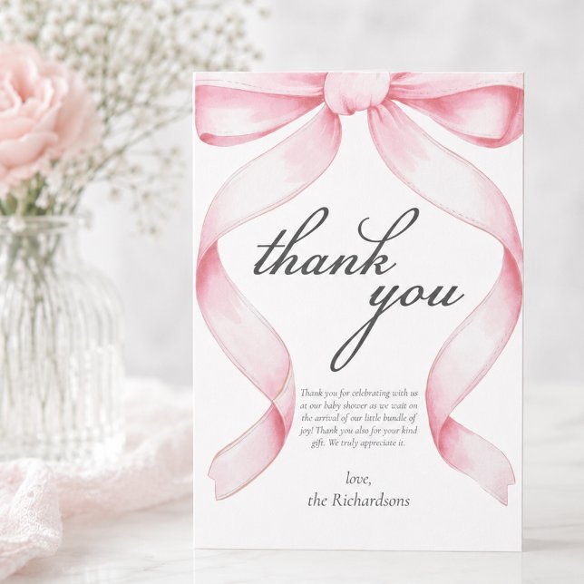 Rosa baby shower tackkort för tack kort (cute custom pink coquette bow baby shower thank you card)