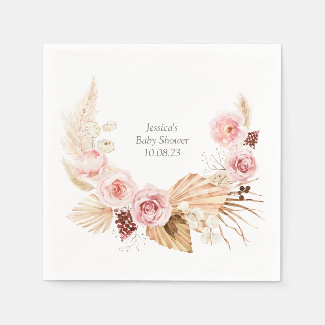 Rosa Baby Shower Watercolor Boho Blommigt Pappersservett (Framsidan)