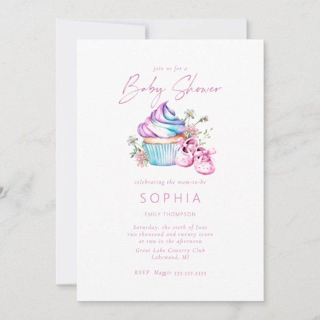 Rosa baby-skor, cupkakor och blommor Baby Shower Inbjudningar (Framsida)
