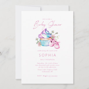 Rosa baby-skor, cupkakor och blommor Baby Shower Inbjudningar
