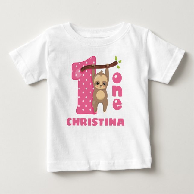 Rosa Baby Sloth 1:a födelsedagen T Shirt (Framsida)