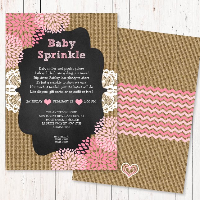 Rosa baby sprinkle inbjudan burlap chalkboard RUST (Skapare uppladdad)