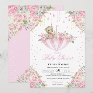 Rosa Baby Sprinkle Parbrella Nalle Baby Shower Inbjudningar