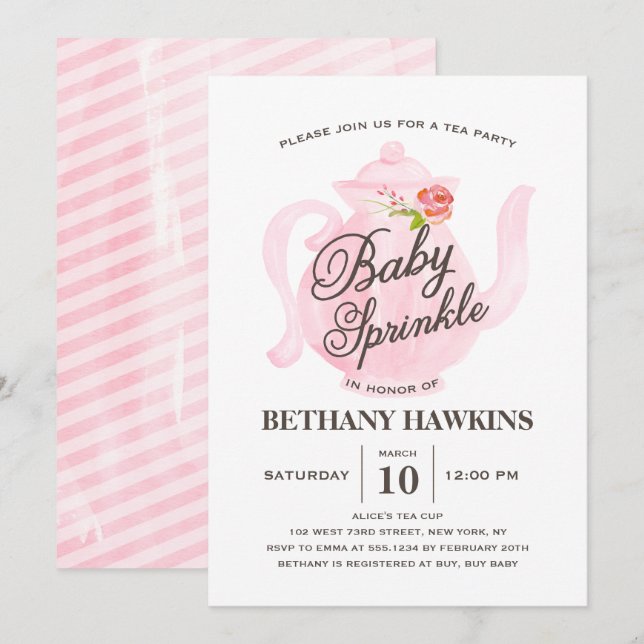 Rosa Baby Sprinkle Tea Party vattenfärg Inbjudningar (Fram/baksida)