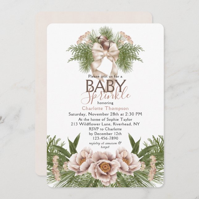  Rosa Baby Sprinkle Winter Blommigt Baby Shower Inbjudningar (Fram/baksida)