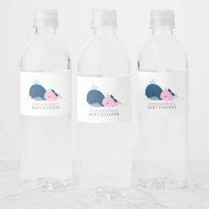 Rosa Baby Whale Girl Baby Shower Vattenflaskor Etikett