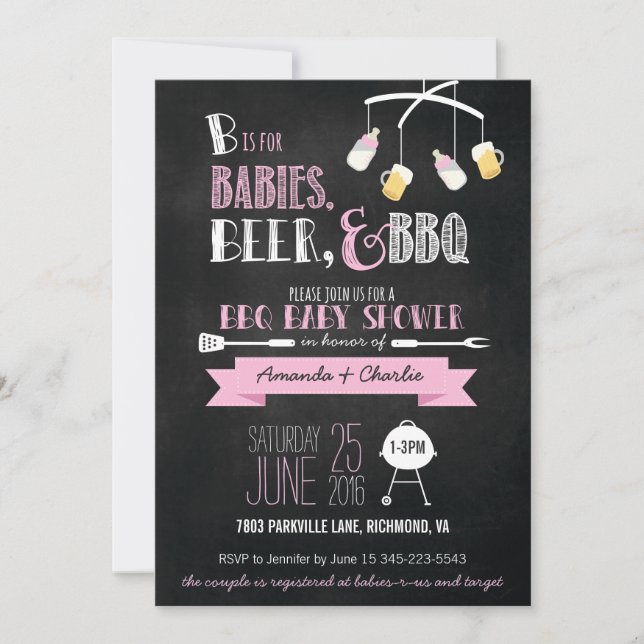 Rosa babyar, öl & BBQ-baby showerinbjudan Inbjudningar (Framsida)
