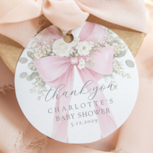 Rosa babybåge för baby shower blomster tack gåvor etiketter