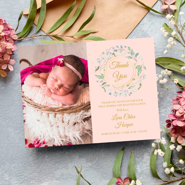 Rosa Babybild Grönska Tack Födelse Meddelande Vykort (Skapare uppladdad)