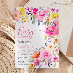 Rosa babydusch med bohemisk fetstil blommigt inbjudningar