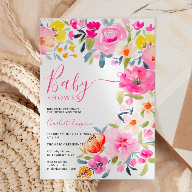 Rosa babydusch med bohemisk fetstil blommigt inbjudningar (Bohemian bold floral watercolor pink baby shower invitation)