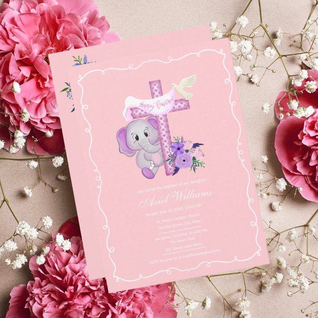 Rosa babyelefant med duva och dopkors  inbjudningar (This sweet Elephant Baptism invitation is delicate, lovely and easy to add your event details. )