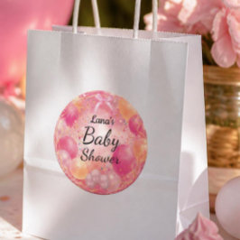 Rosa Babyfirande Elegant Rosett & Konfetti Runt Klistermärke