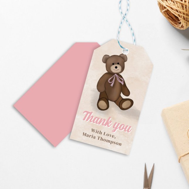 Rosa Babyfirande Söt Teddybjörn Anpassad Presentetikett (Pink teddy bear cute thank you gift tag.)