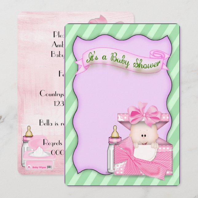 Rosa babyflicka-babyshower inbjudningar (Fram/baksida)