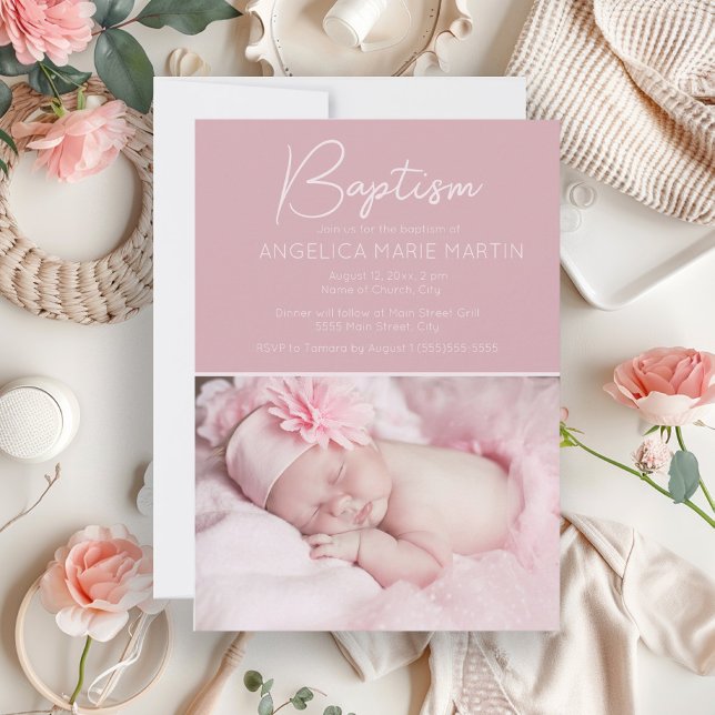 Rosa Babyflicka Foto Dop Inbjudningar (Blush pink baby baptism photo invitation)
