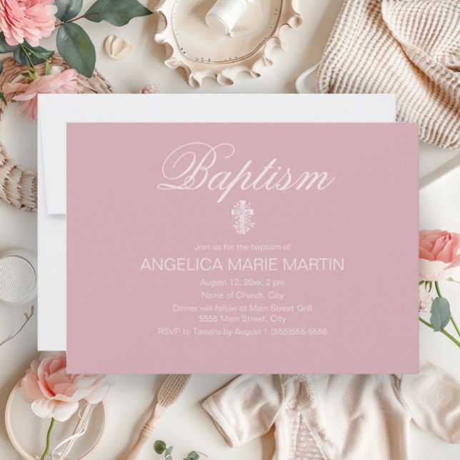 Rosa Babyflicka Korsdop Dopkort Inbjudningar (Elegant blush pink baby baptism invitation)