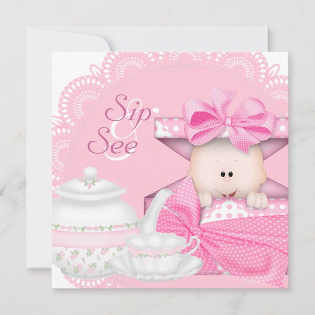Rosa babyflicka sip and see baby shower inbjudningar (Framsida)
