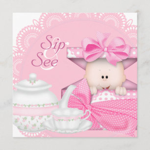 Rosa babyflicka sip and see baby shower inbjudningar