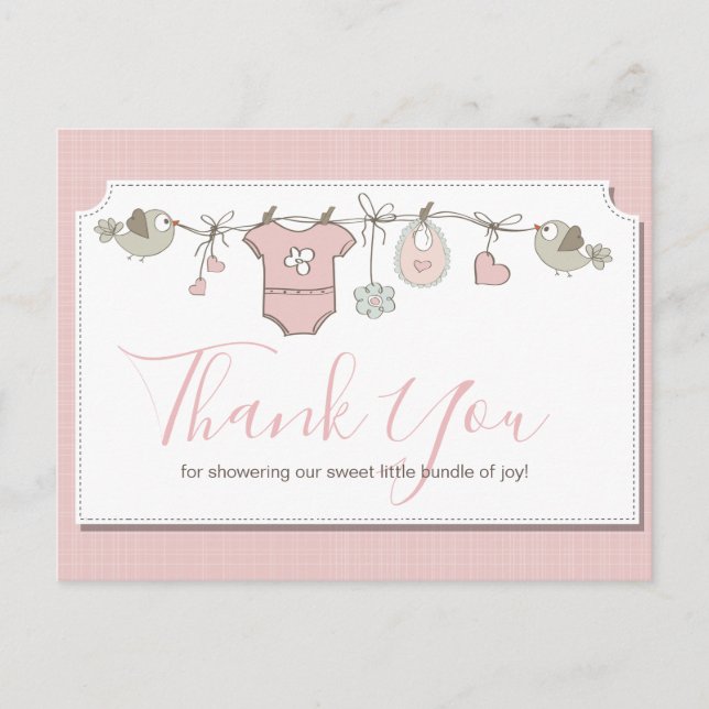 Rosa babyklädstreck Baby Shower Tack Vykort (Framsida)