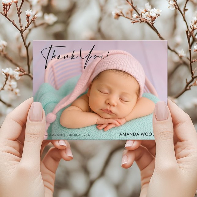 Rosa babykort med foto tackkort vykort (Skapare uppladdad)
