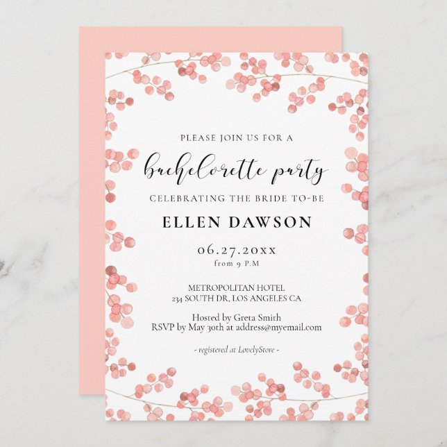 Rosa Babys Blommigt Bachelorette Party Inbjudningar (Fram/baksida)