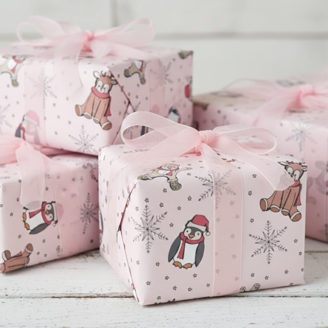 Rosa Babys Första julvintern Djur Presentpapper (Girly Winter Baby Shower Wrapping Paper. Christmas Stuffed Animals 4 Baby It's Cold Outside Party)