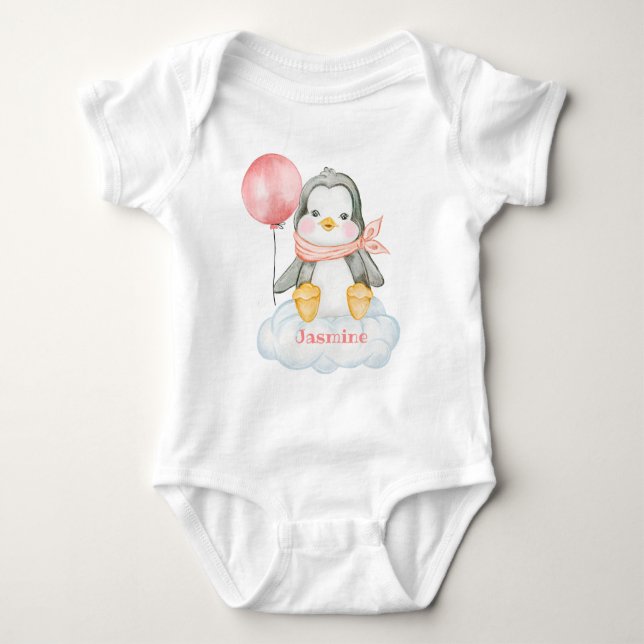 Rosa babyserietecknad pingvin och moln-personalise t shirt (Framsida)