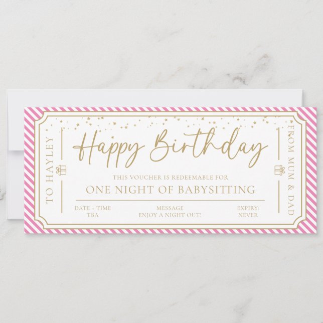 Rosa Babysit Gift Voucher Card Inbjudningar (Framsida)