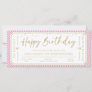 Rosa Babysit Gift Voucher Card Inbjudningar