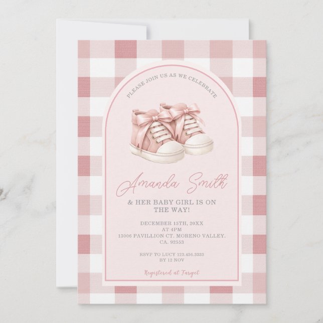 Rosa babyskor Gingham flicka baby shower Inbjudningar (Framsida)