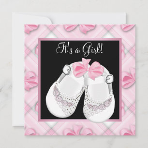 Rosa babyskor Rosa svart babyflicka shower Inbjudningar