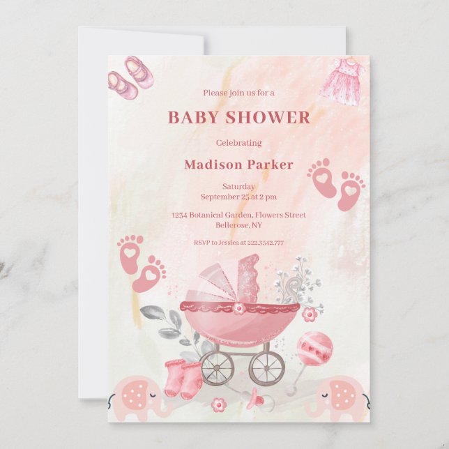 Rosa babyvagnsbjud till baby shower inbjudningar (Framsida)