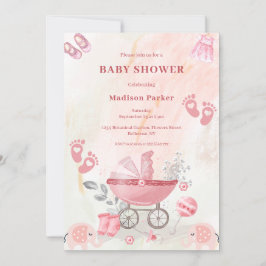 Rosa babyvagnsbjud till baby shower inbjudningar