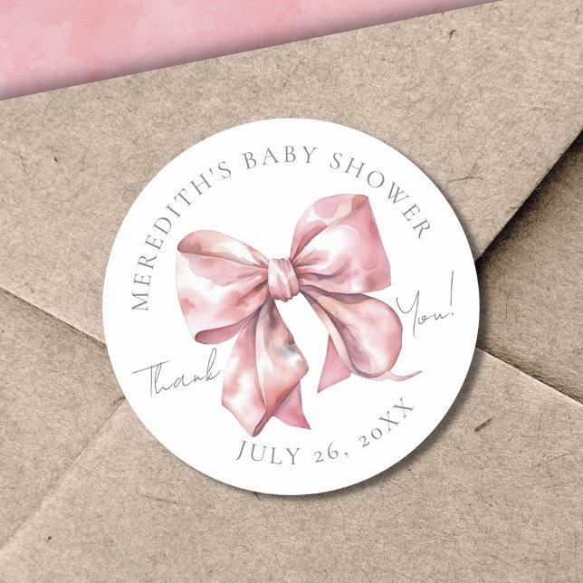 Rosa båge-babyfest runt klistermärke (Pink Bow Baby Shower Thank You Classic Round Sticker)