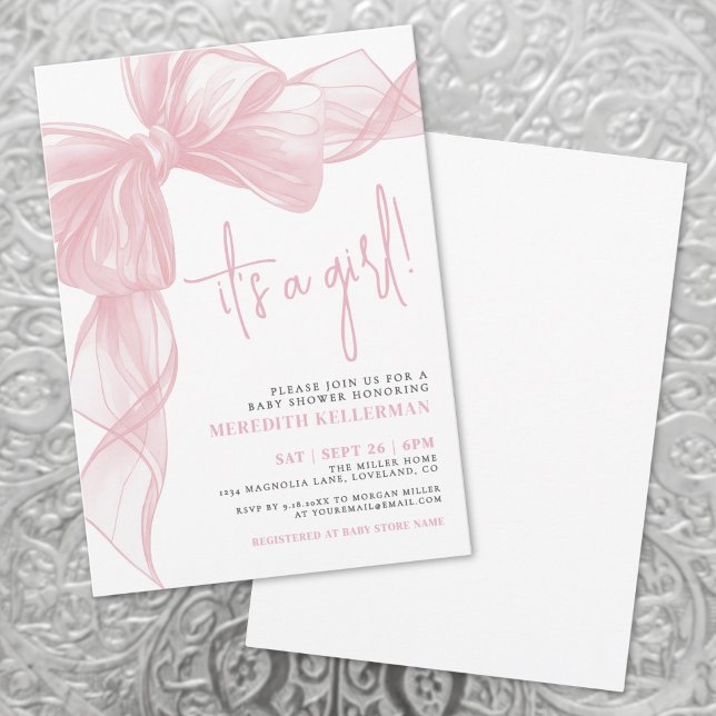 Rosa Båge Bebisens Förfest Inbjudningar (Modern Pink Bow Baby Shower Invitation)